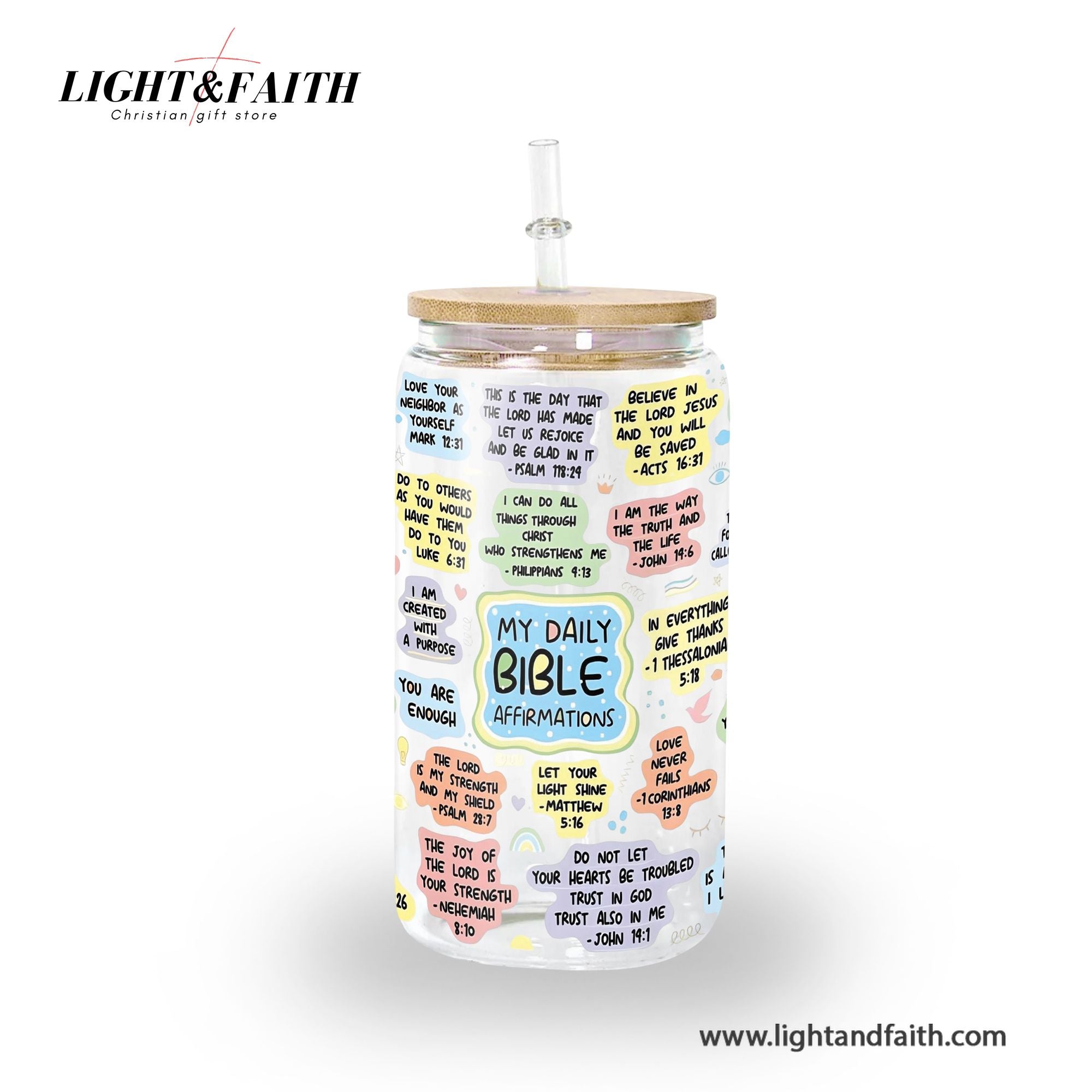 Christian Glass Can with Bamboo Lid and Straw, My Daily Bible Affirmations Cup, Scripture Iced Coffee Tumbler, Faith Gift GCLAF31
